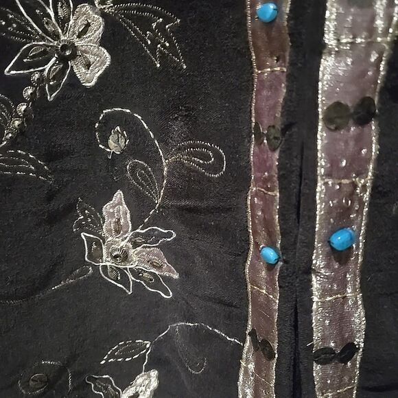 Brown Embroidered Floral Velvet Jacket SzXL Chicos 3 Gold Asian Beaded Boho Glam - Picture 16 of 16